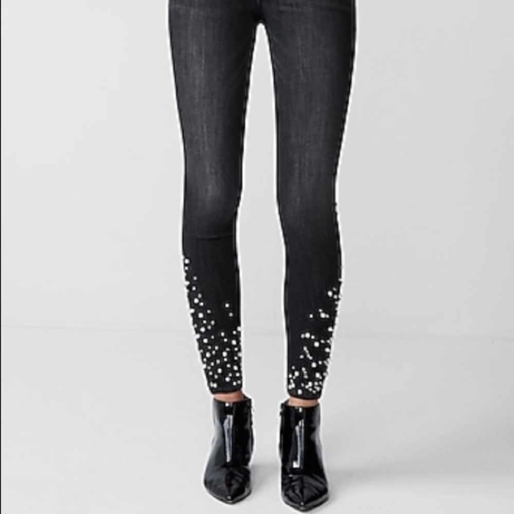 High Waist Express Jeans with Pearl Accents